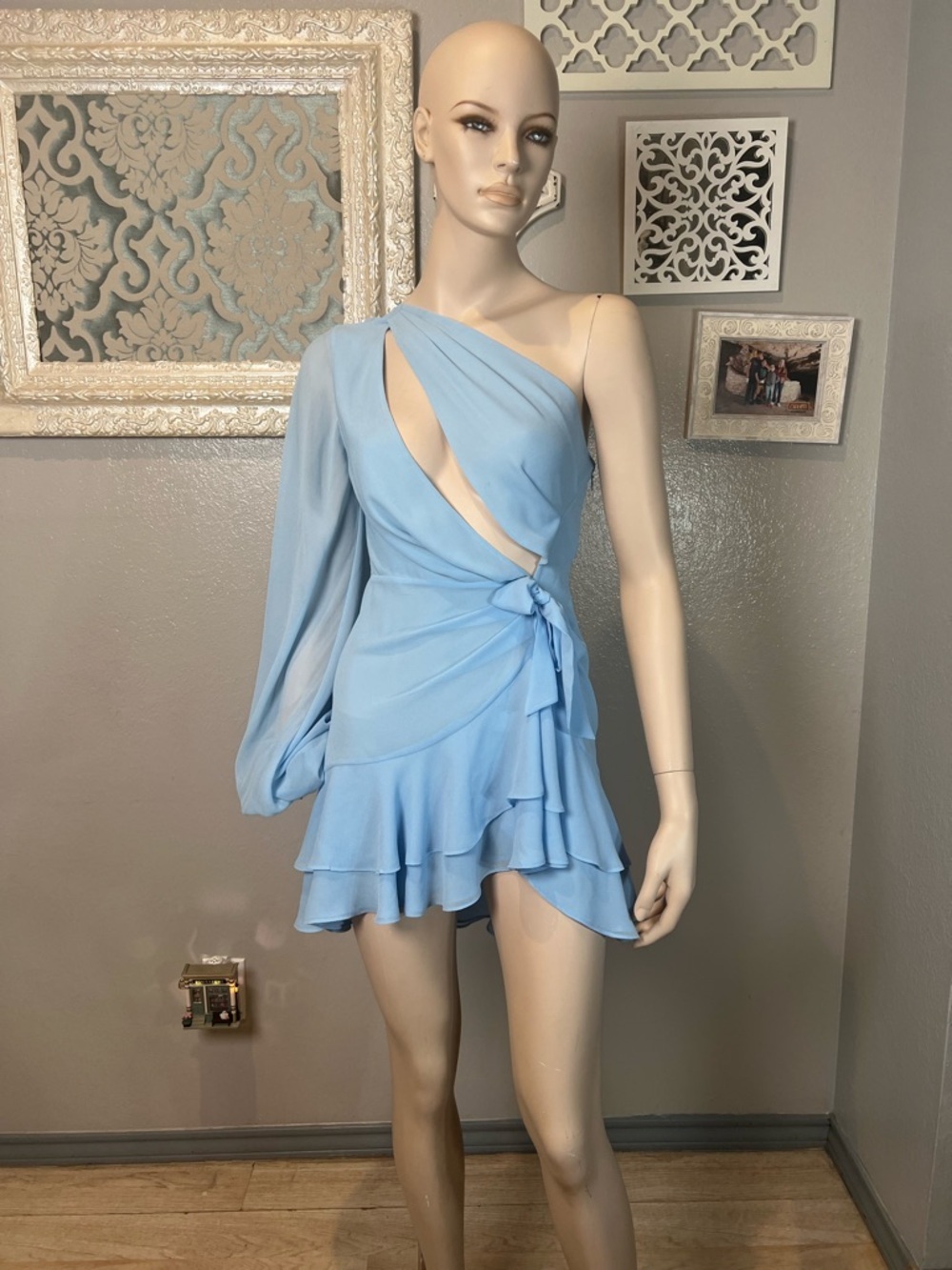 One-Shoulder Light Blue Ruffle Wrap Dress
